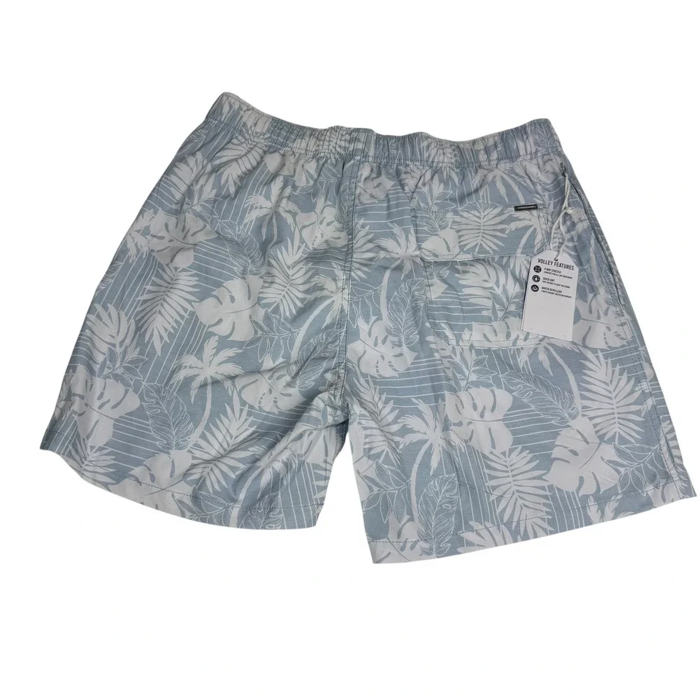Vintage‎ Summer Mens Tropical Palm Print Swim Trunks Blue White Volley Shorts L